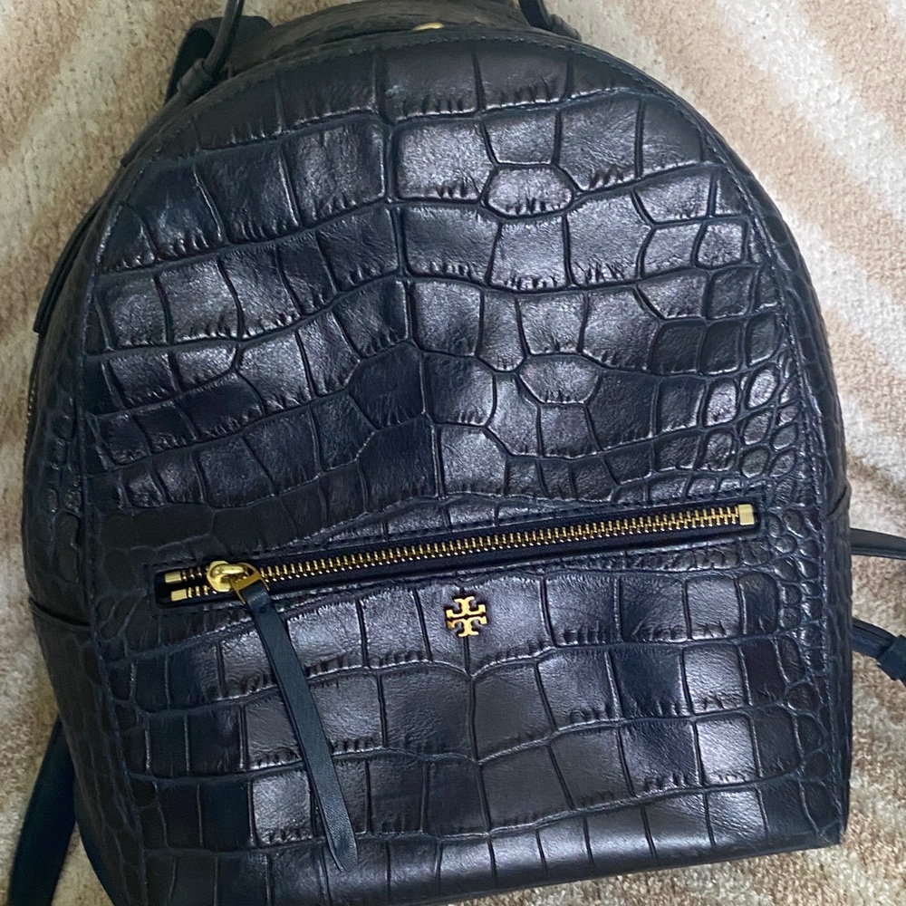 Tory Burch Navy Croc-Embossed Backpack - Picture 2 of 7
